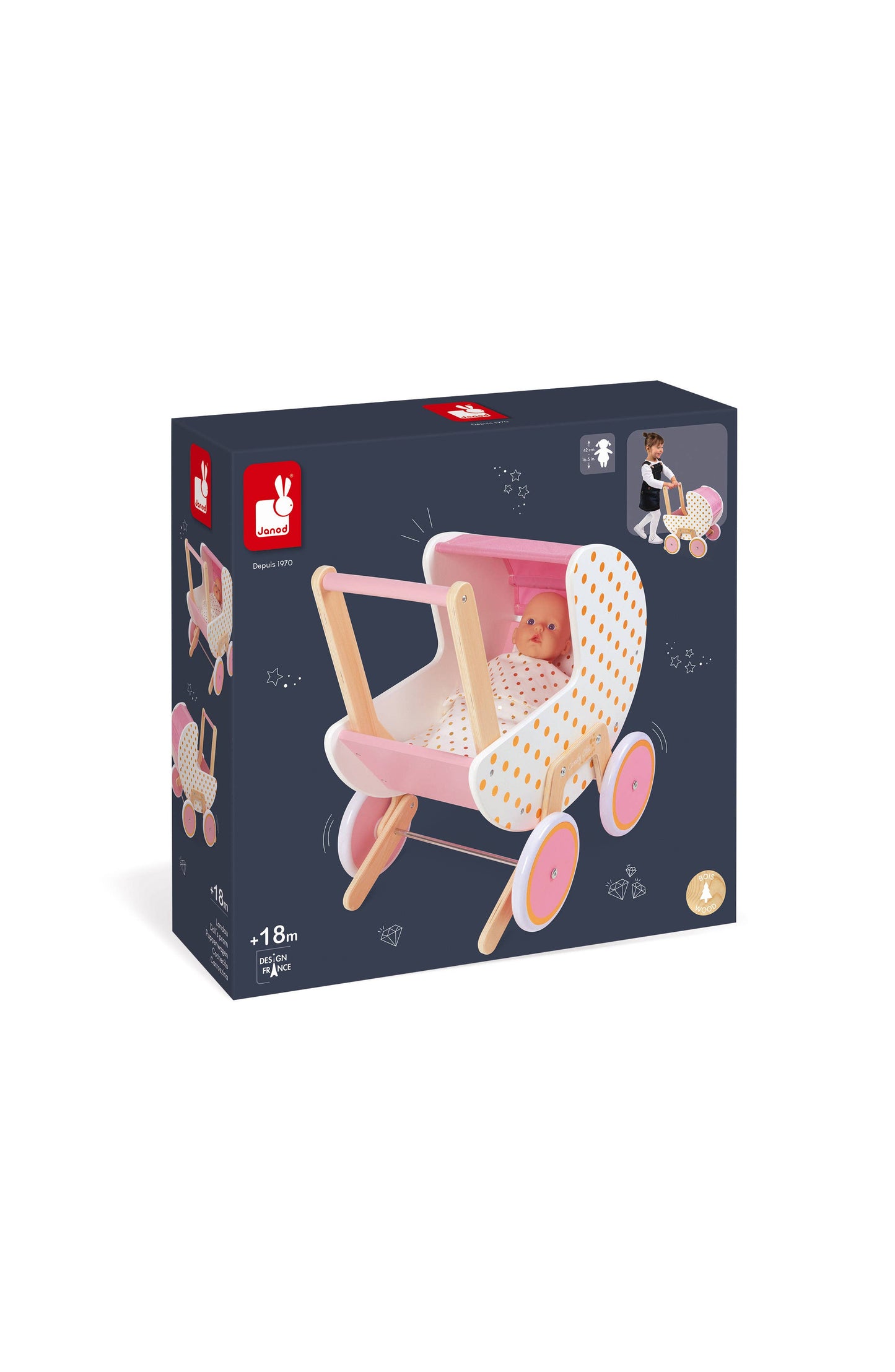 Wooden Doll's Pram with blanket & pillow Age 1.5ys- 3 yrys