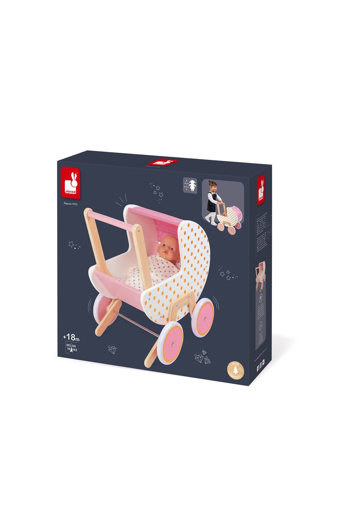 Wooden Doll's Pram with blanket & pillow Age 1.5ys- 3 yrys