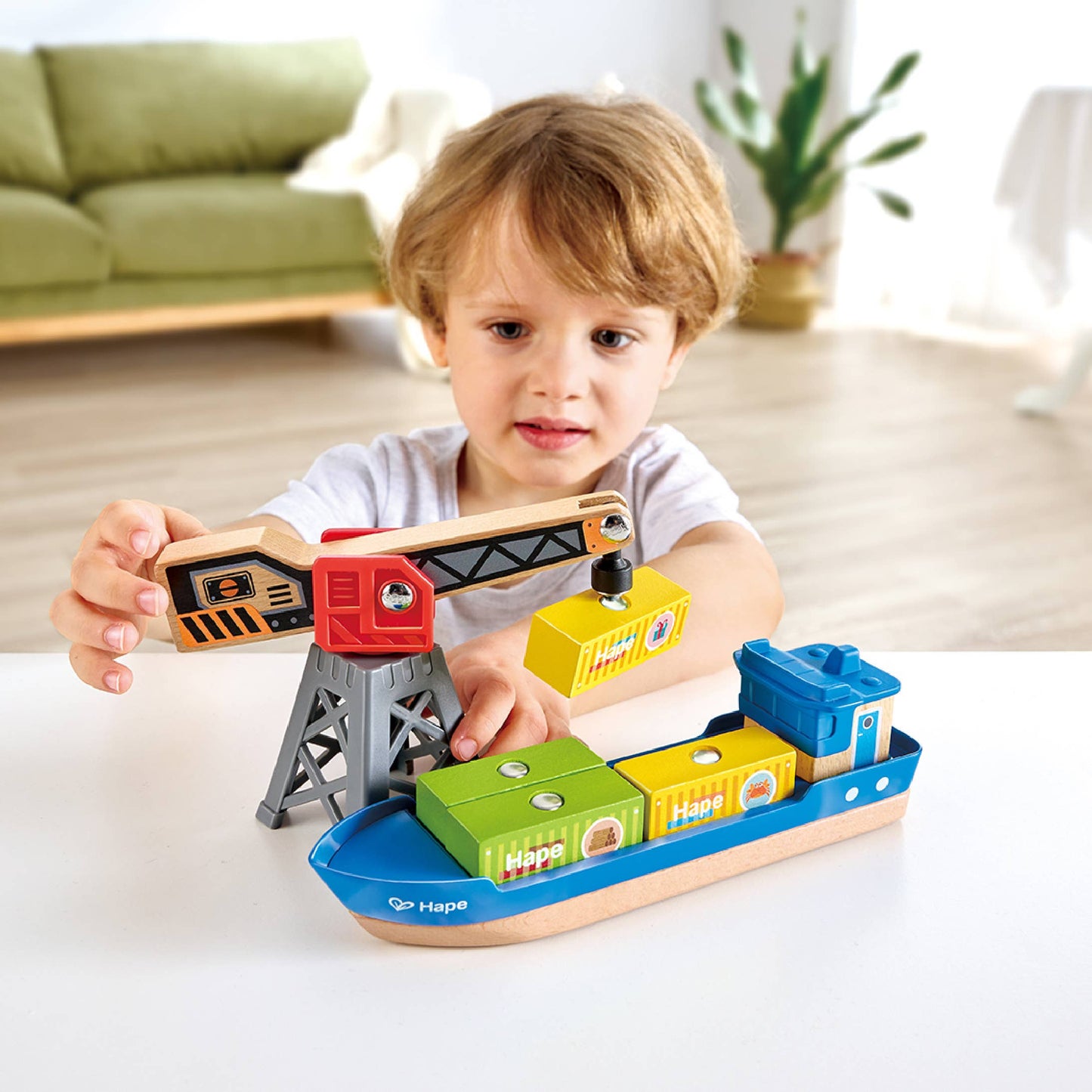 Hape Cargo Ship & Crane Wooden Play