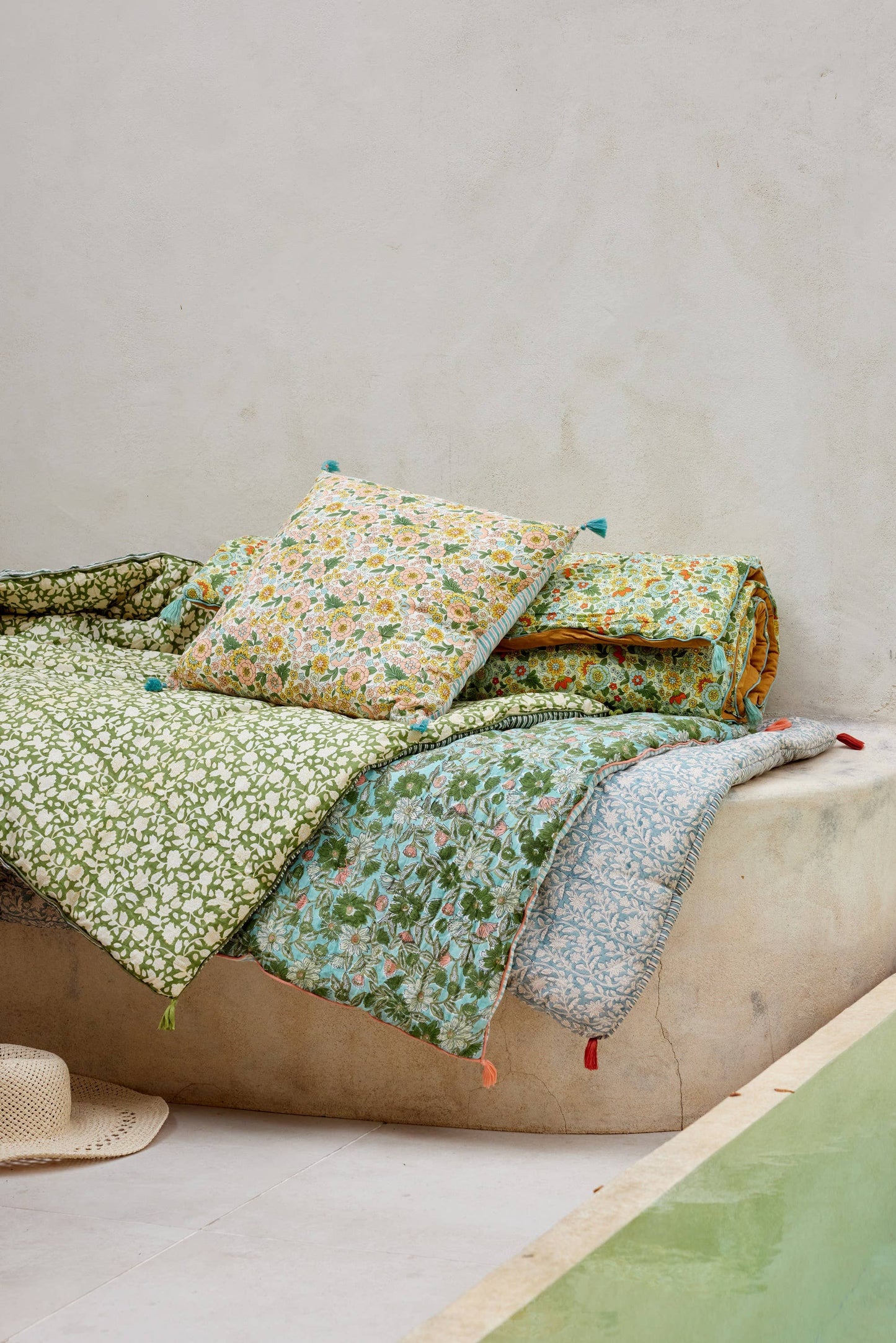 Bonheur du Jour Cushion cover printed with Indian flowers and stripes Amaia Made in India