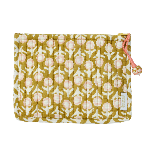 Bonheur du Jour Quilted Indian Flower Printed Small Pouch Isha Olive