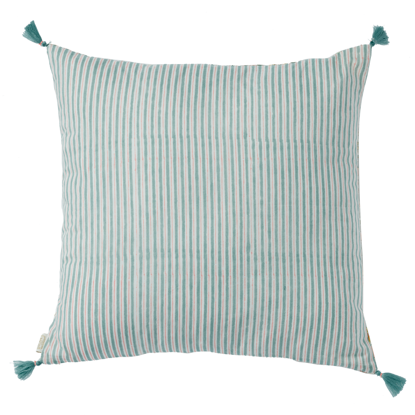 Bonheur du Jour Cushion cover printed with Indian flowers and stripes Amaia Made in India