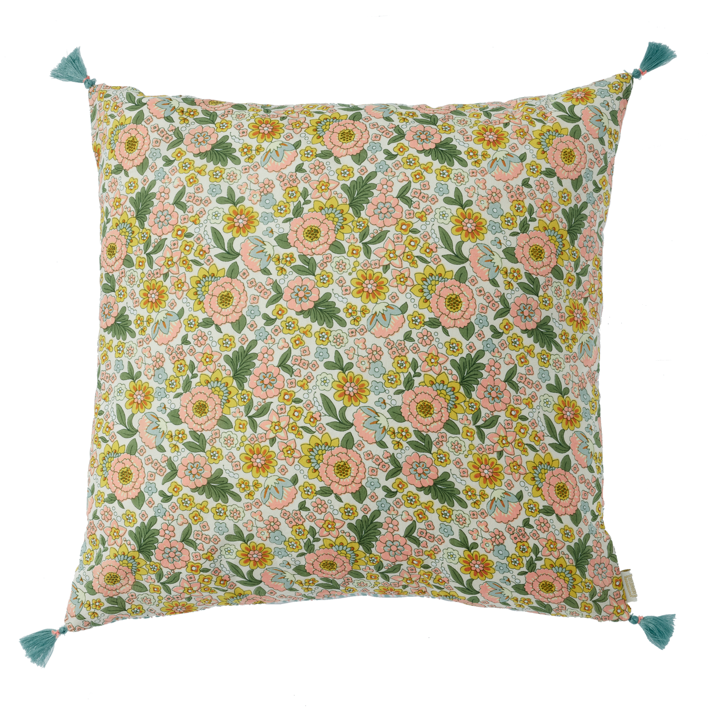 Bonheur du Jour Cushion cover printed with Indian flowers and stripes Amaia Made in India