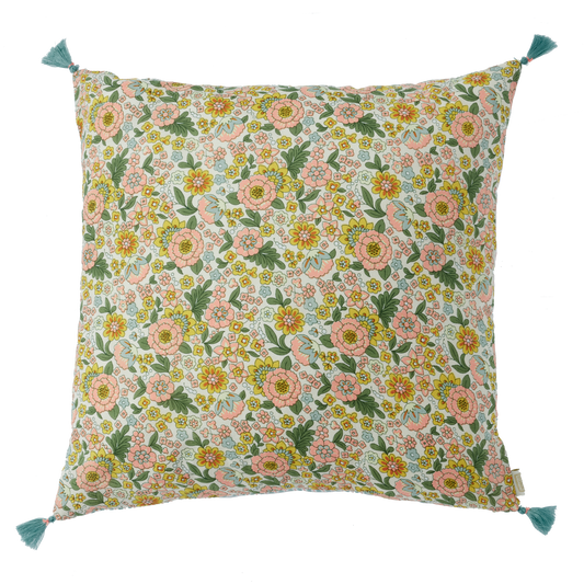 Bonheur du Jour Cushion cover printed with Indian flowers and stripes Amaia Made in India