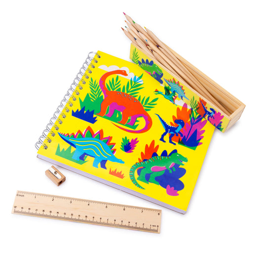 Dinosaur - 12 Wooden Color Pencil Box with ruler